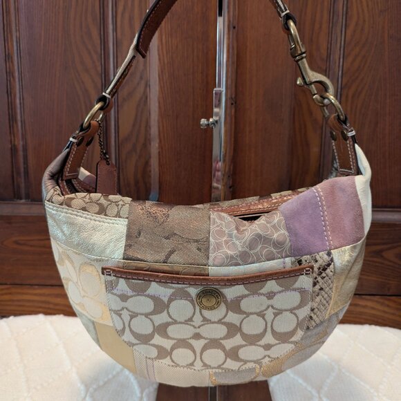 Coach Patchwork One Shoulder Bag Brown Suede Canvas Leather 10019 Y2K Vintage - Picture 3 of 12